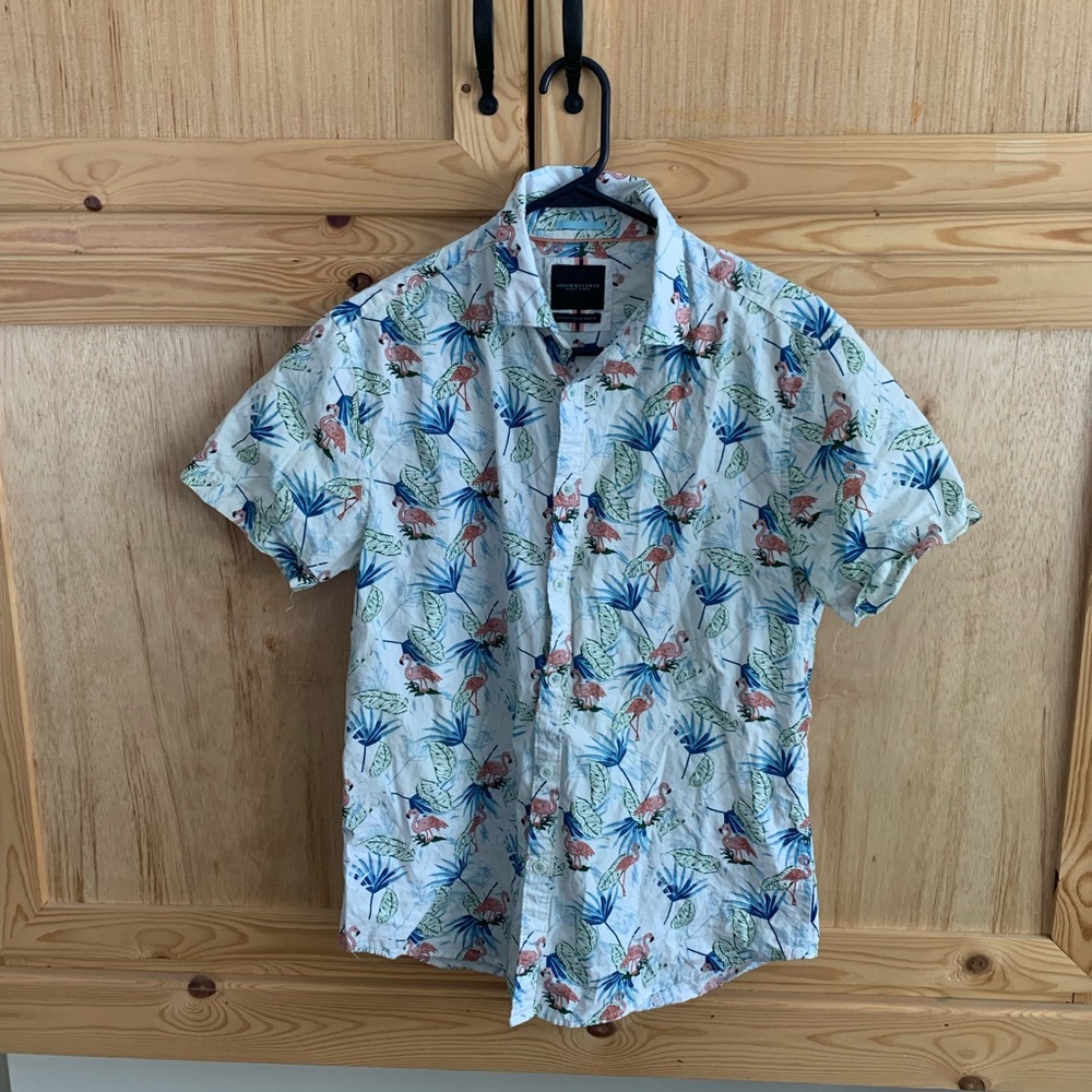 Denim & Flower Ricky Singh novelty tropical Hawaiian paradise flamingo shirt M